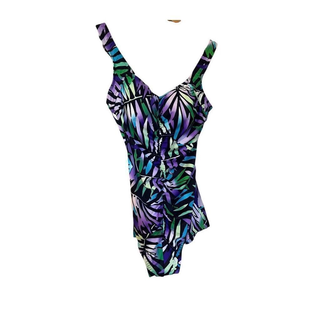 Maxine Size 10 Shapewear One Piece Swimsuit Purple Green Tropical Leaf Print